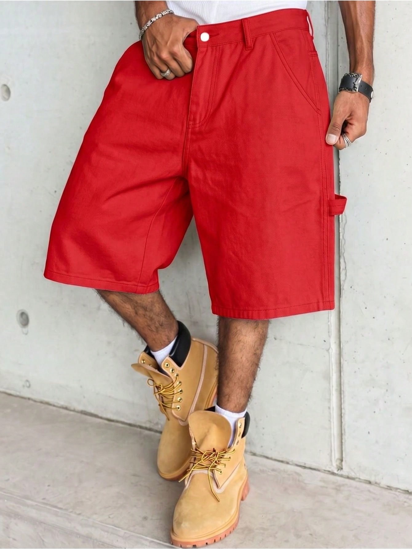 Woodworking Overalls - Celana Pendek Denim Pria Warna Merah